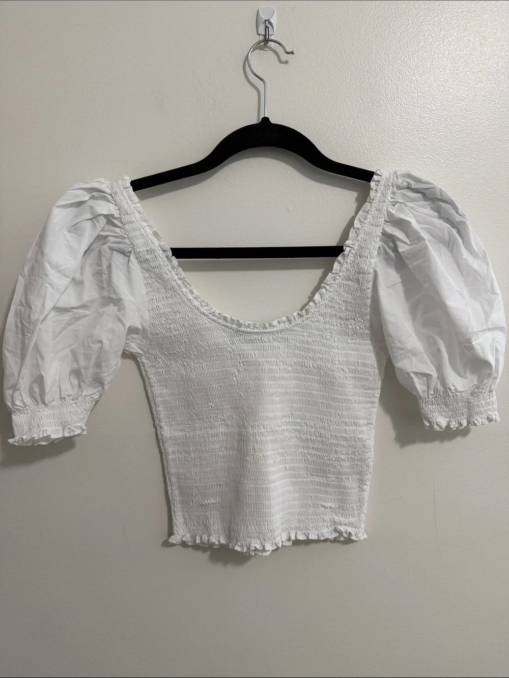 Hill House Aiko White Short Puff Sleeve Smocked Scoop Neck Blouse Top Womens XS